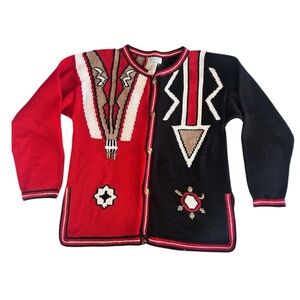 Amazonias Vintage 70s Hand-knit in Peru Red Black Geometric Cardigan Size L